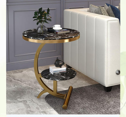 Modern white-top 2-tier storage side table with metal frame, featuring a sleek, contemporary design for living room or bedroom.