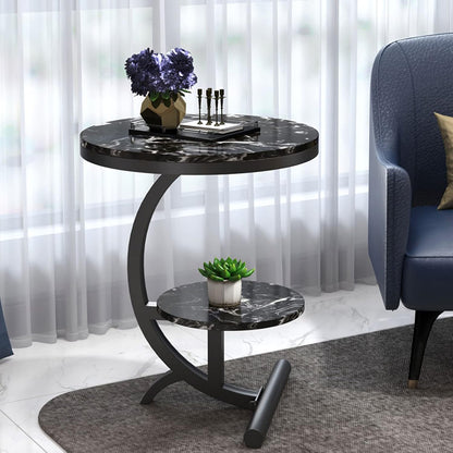 White 2-tier storage shelf side table with a modern metal frame, perfect for living room or bedroom organization.
