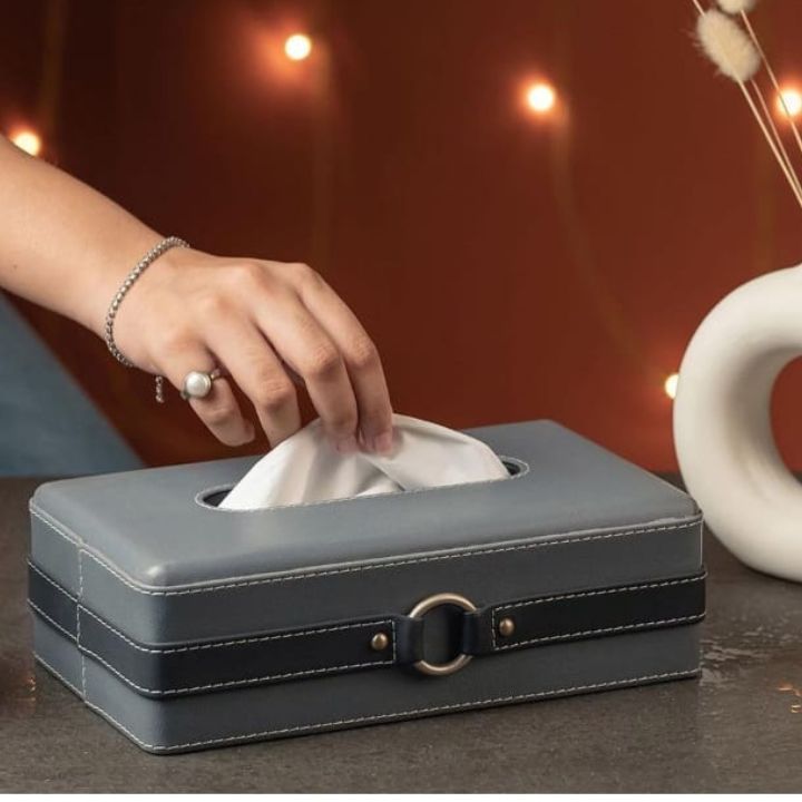 Beige leather tissue box holder from The Gharnish Premium Series, designed for elegant home or office storage.