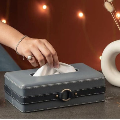 Beige leather tissue box holder from The Gharnish Premium Series, designed for elegant home or office storage.