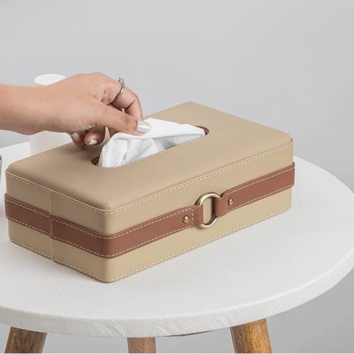 Beige leather tissue box holder from The Gharnish Premium Series, stylish storage for tissue boxes in a modern home.