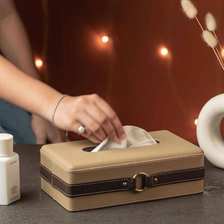 Beige leather tissue box holder from The Gharnish Premium Series, stylish storage accessory for tissue organization.