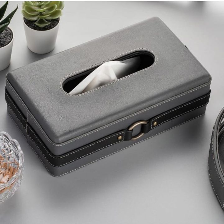 Beige leather tissue box holder from The Gharnish Premium Series, stylish storage for tissue boxes in a modern home.