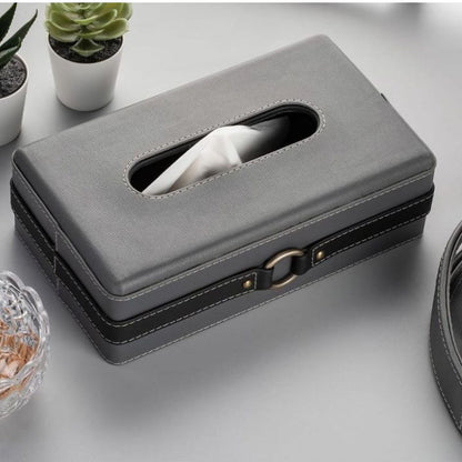 Beige leather tissue box holder from The Gharnish Premium Series, stylish storage for tissue boxes in a modern home.