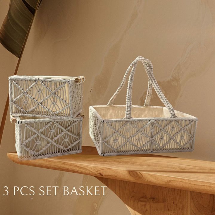 Macrame Basket with wooden Handles Set of 3 - The Gharnish - A Unit of Satkala Creations