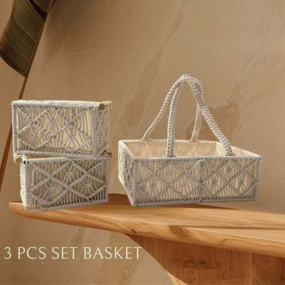 Macrame Basket with wooden Handles Set of 3 - The Gharnish - A Unit of Satkala Creations