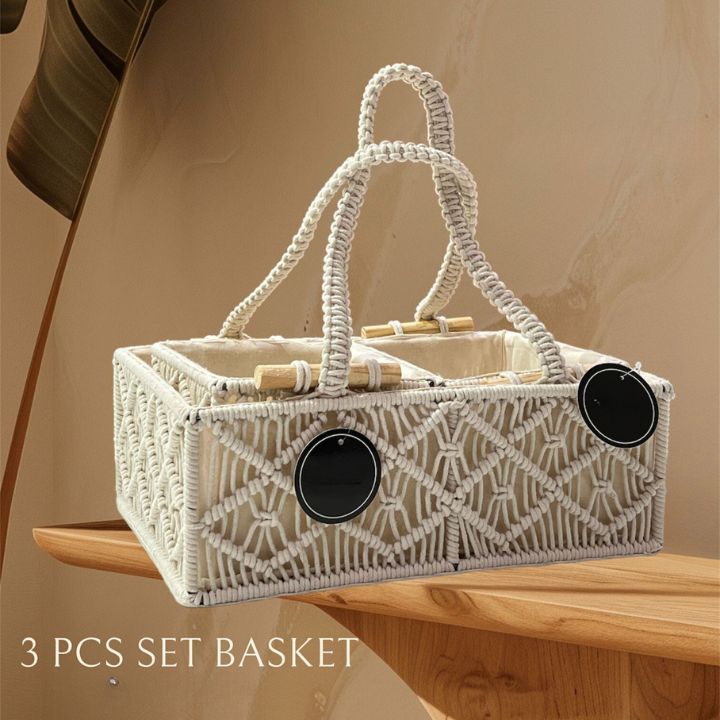 Macrame Basket with wooden Handles Set of 3 - The Gharnish - A Unit of Satkala Creations