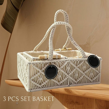 Macrame Basket with wooden Handles Set of 3 - The Gharnish - A Unit of Satkala Creations