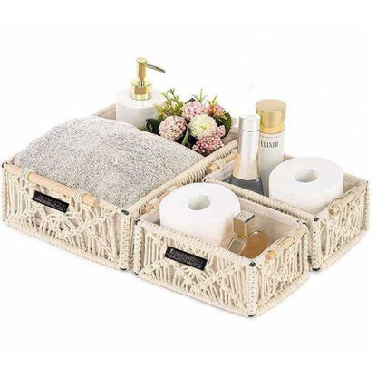 Macrame Basket with wooden Handles Set of 3 - The Gharnish - A Unit of Satkala Creations