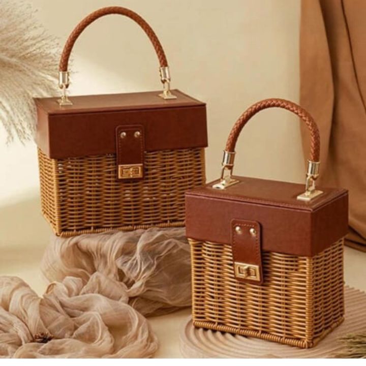 Small leather and rattan storage basket by The Gharnish, perfect for organizing souvenirs and small household items.