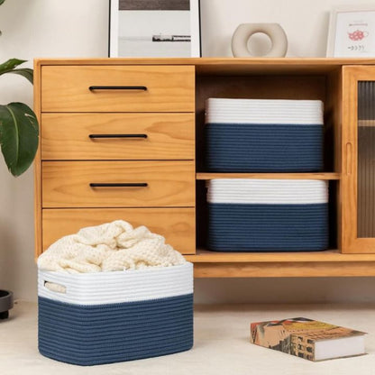 Square cotton rope laundry basket by The Gharnish, large storage bin with sturdy handles and spacious interior for laundry or storage.