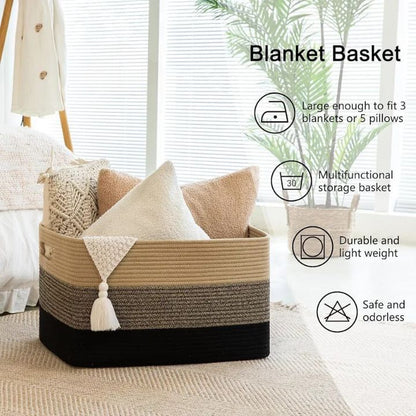 Square cotton rope laundry basket by The Gharnish, large storage bin with sturdy handles and spacious interior for laundry or storage.