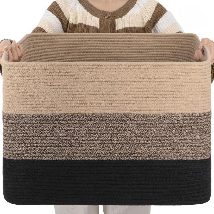 Square cotton rope laundry basket by The Gharnish, large storage bin with sturdy handles, measuring 20x15x15 inches.
