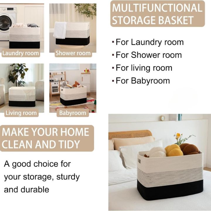 Square cotton rope laundry basket by The Gharnish, large storage bin with sturdy handles, 15x15x20 inches, ideal for laundry or storage.