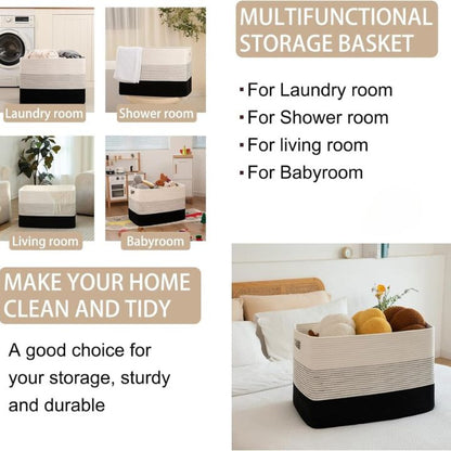 Square cotton rope laundry basket by The Gharnish, large storage bin with sturdy handles, 15x15x20 inches, ideal for laundry or storage.