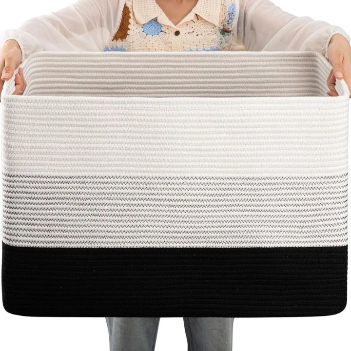 Square cotton rope laundry basket by The Gharnish, large storage bin with a sturdy design and spacious interior.