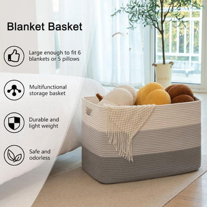 Square cotton rope laundry basket from The Gharnish, large storage basket with sturdy handles, 20x15x15 inches for laundry organization.