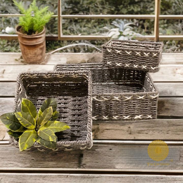 Rectanglular Multipurpose Rope Basket Set of 3 - The Gharnish - A Unit of Satkala Creations