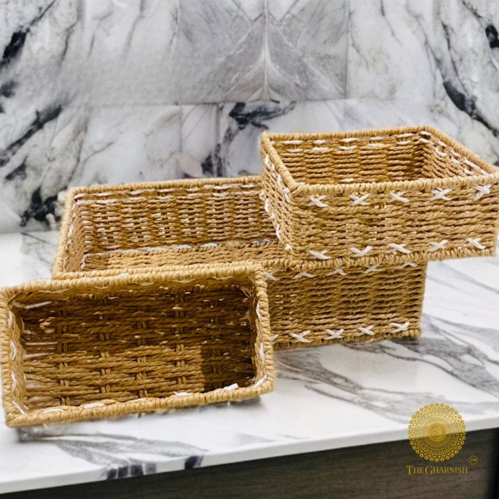Rectanglular Multipurpose Rope Basket Set of 3 - The Gharnish - A Unit of Satkala Creations