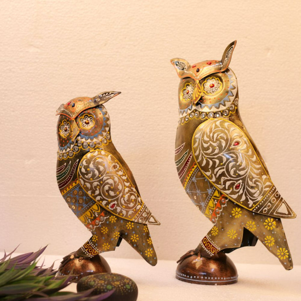 Set of two multicolor painted metal owl table top decor pieces by The Gharnish, decorative and colorful home accents.