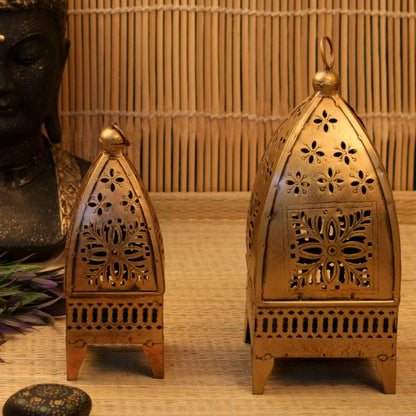 Set of two antique Minnar hanging lanterns by The Gharnish, traditional decorative lights with intricate designs.