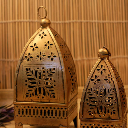 Set of two antique Minnar hanging lanterns from The Gharnish, traditional decorative lights with intricate metalwork.