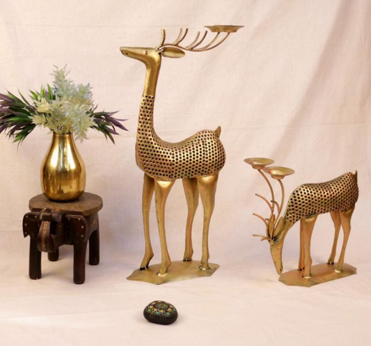 Antuque deer family candle holder showpiece from The Gharnish, traditional lights with detailed deer figures for home decor.