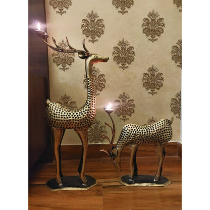 Antuque deer family candle holder showpiece by The Gharnish, traditional lights decor with detailed deer figures and warm candle holders.