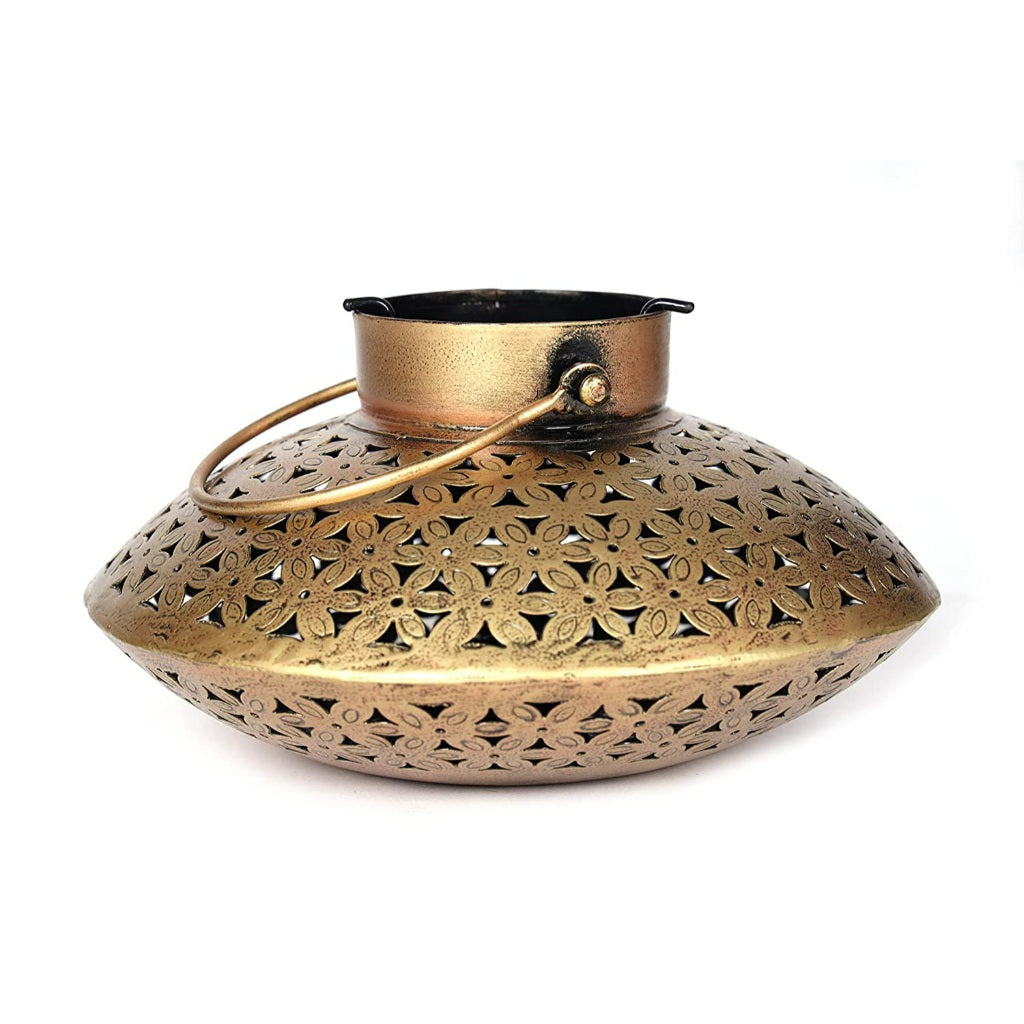 Gold iron Gihan T-light holder decor featuring traditional design, suitable for enhancing ambient lighting and home decor.