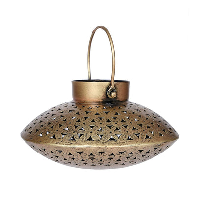 Gold iron Gihan T-Light holder decor, traditional lighting piece by The Gharnish, featuring intricate iron craftsmanship.
