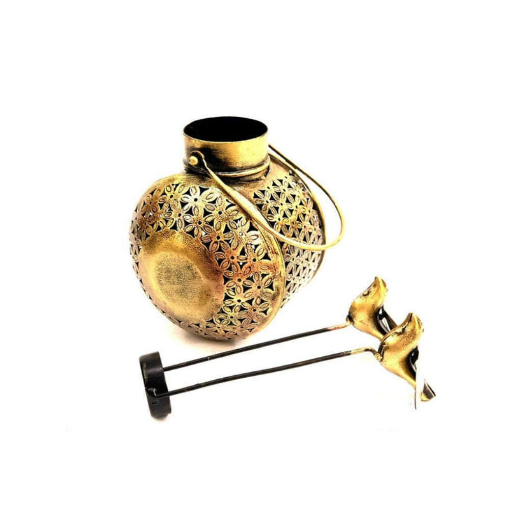 Hanging metal light with bird design from The Gharnish, traditional lighting fixture with intricate metalwork and decorative bird detail.