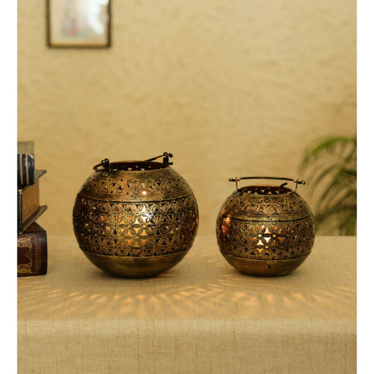 Moroccan Metal Hanging T-Light Holder Set of 2 - The Gharnish - A Unit of Satkala Creations