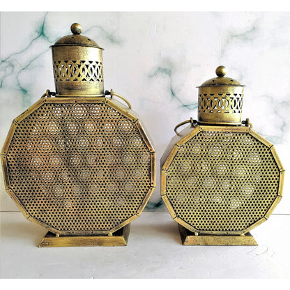 Set of two vintage lantern hanging T-Light holders by The Gharnish, traditional decorative lights for indoor or outdoor use.