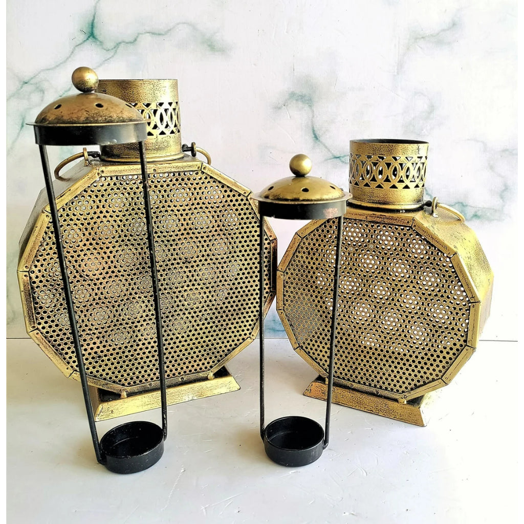 Set of 2 vintage lantern hanging T-light holders with traditional design by The Gharnish, ideal for decorative lighting.