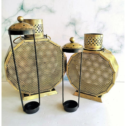 Set of 2 vintage lantern hanging T-light holders with traditional design by The Gharnish, ideal for decorative lighting.