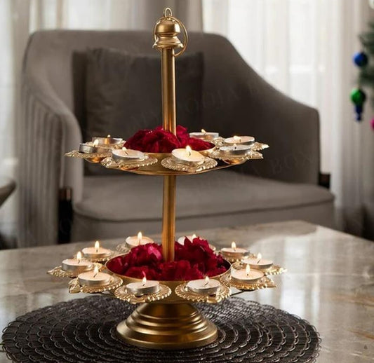 Deepak Urli 2-tier stand by The Gharnish, decorative metal urli with two tiers for serving or display purposes.