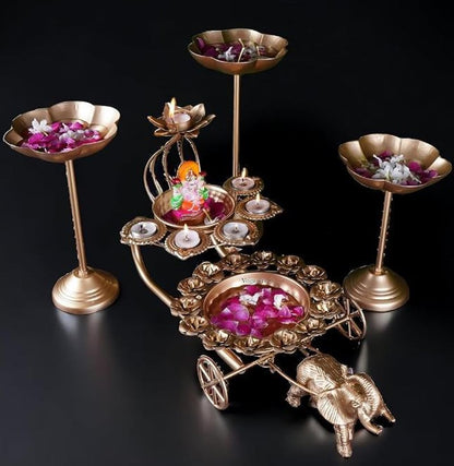 Elephant Rath Urli set by The Gharnish with etched bowls and stand, featuring intricate elephant and rath design on the ceramic urli.