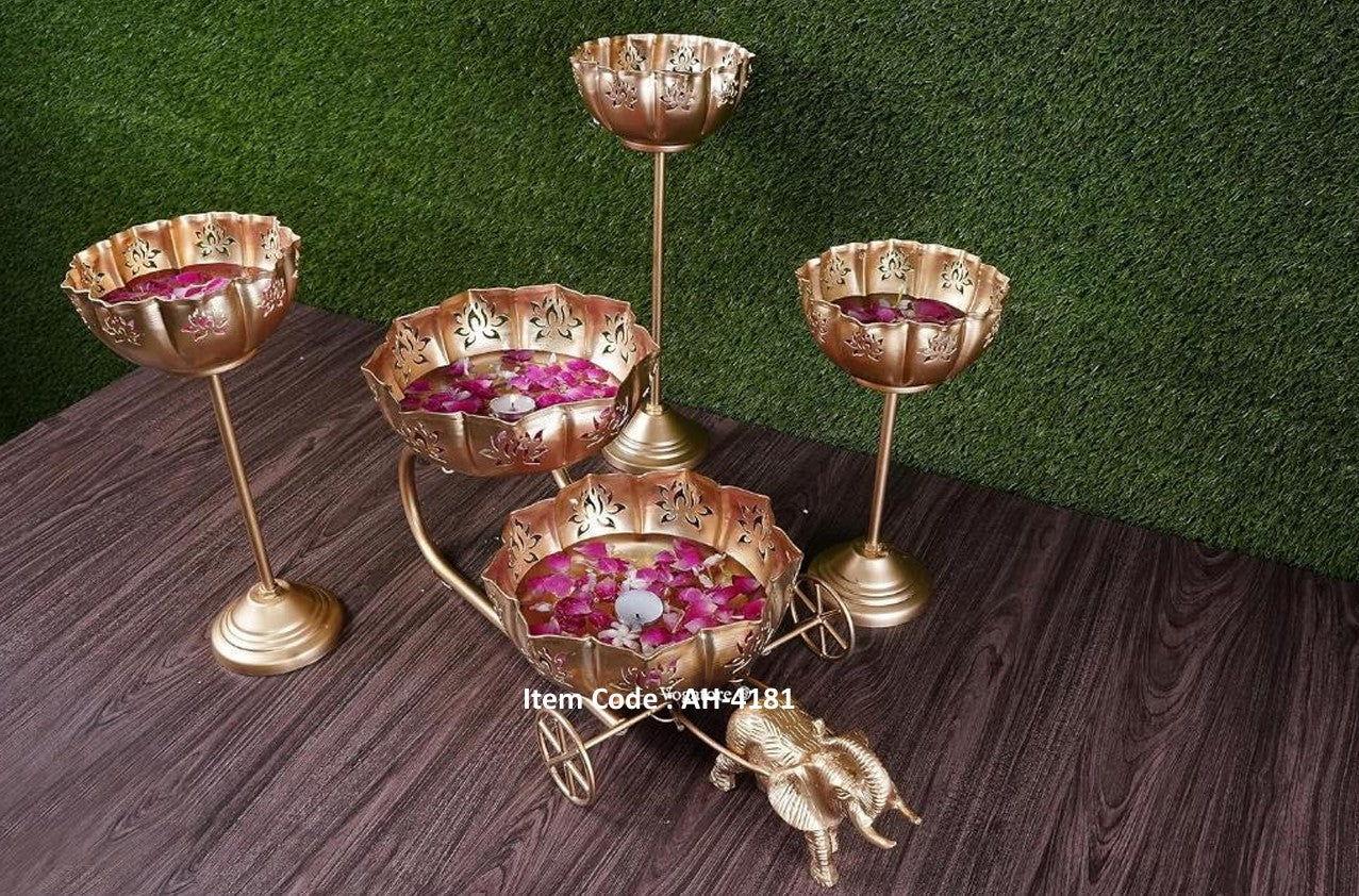 Elephant Rath Urli set by The Gharnish with etched bowls and stand, showcasing intricate designs and traditional craftsmanship.