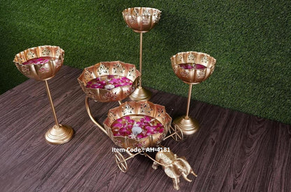 Elephant Rath Urli set by The Gharnish with etched bowls and stand, showcasing intricate designs and traditional craftsmanship.