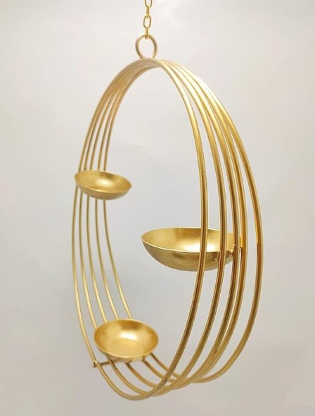 Hanging Ring Wire Diya in brass with intricate design, used as decorative oil lamp for festive or spiritual occasions.