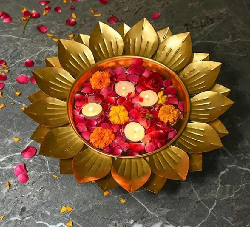 Set of four gold-finish Spread Lotus Urli bowls by The Gharnish, decorative traditional Indian-style urli for home decor.