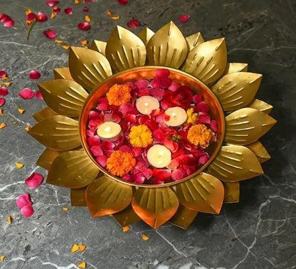 Set of four gold-finish Spread Lotus Urli bowls by The Gharnish, decorative traditional Indian-style urli for home decor.