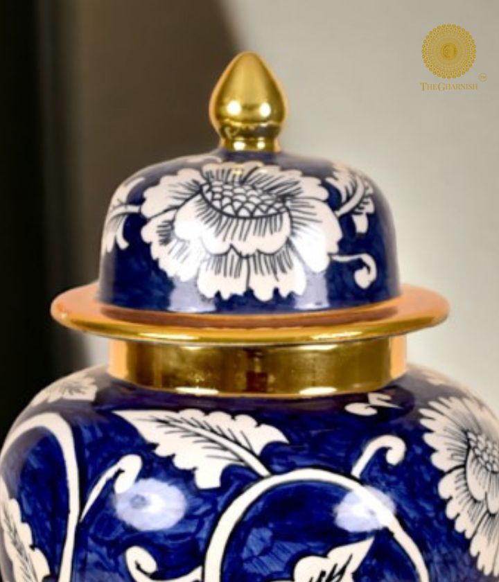 Decorated ceramic table top temple and ginger jar vases by The Gharnish, featuring intricate patterns and vibrant colors.