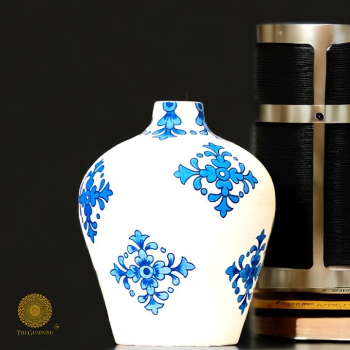 Oversized hand-painted ceramic blue pottery vase by The Gharnish, featuring intricate designs and a glossy finish.
