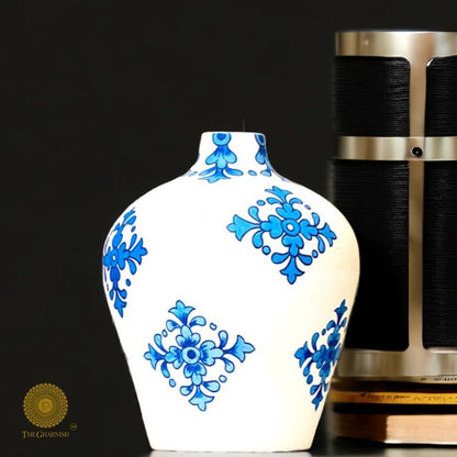 Oversized hand-painted ceramic blue pottery vase by The Gharnish, featuring intricate designs and a glossy finish.