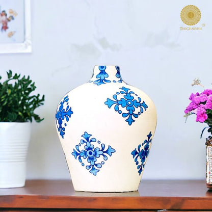 Oversized hand-painted ceramic blue pottery vase by The Gharnish, featuring intricate designs and a glossy finish.