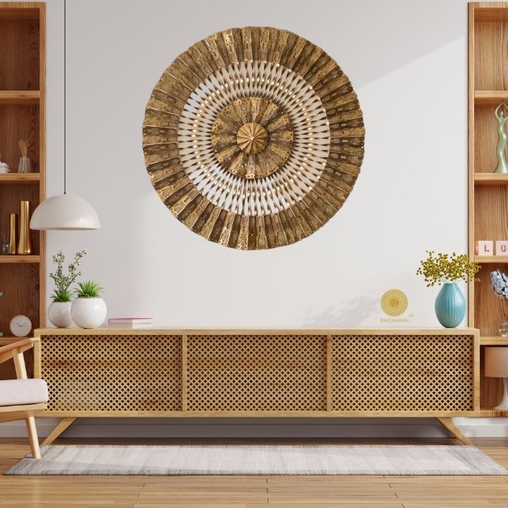 Metallic Rings of Lights wall art by The Gharnish featuring circular, shiny metal rings on a wall, 30 inches in size.
