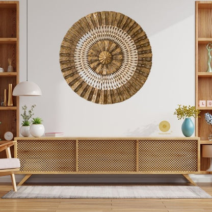 Metallic Rings of Lights wall art by The Gharnish featuring circular, shiny metal rings on a wall, 30 inches in size.