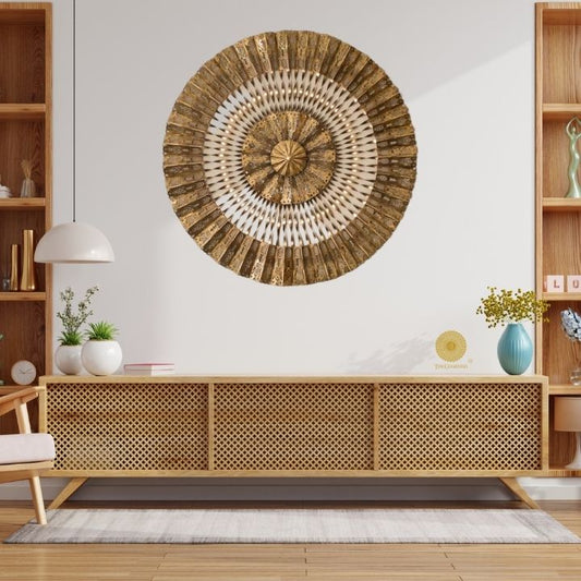 Metallic Rings of Lights wall art by The Gharnish featuring circular, shiny metal rings on a wall, 30 inches in size.