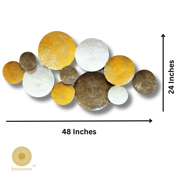 Decorative metal wall art featuring 11 iron circles in a 48x24 inch design by The Gharnish.